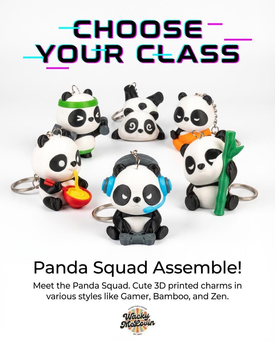 Panda Keychain Collection | Cute 3D Printed Panda Charms | Gamer Panda, Bamboo Panda, Zen Panda & More | Handmade Gift