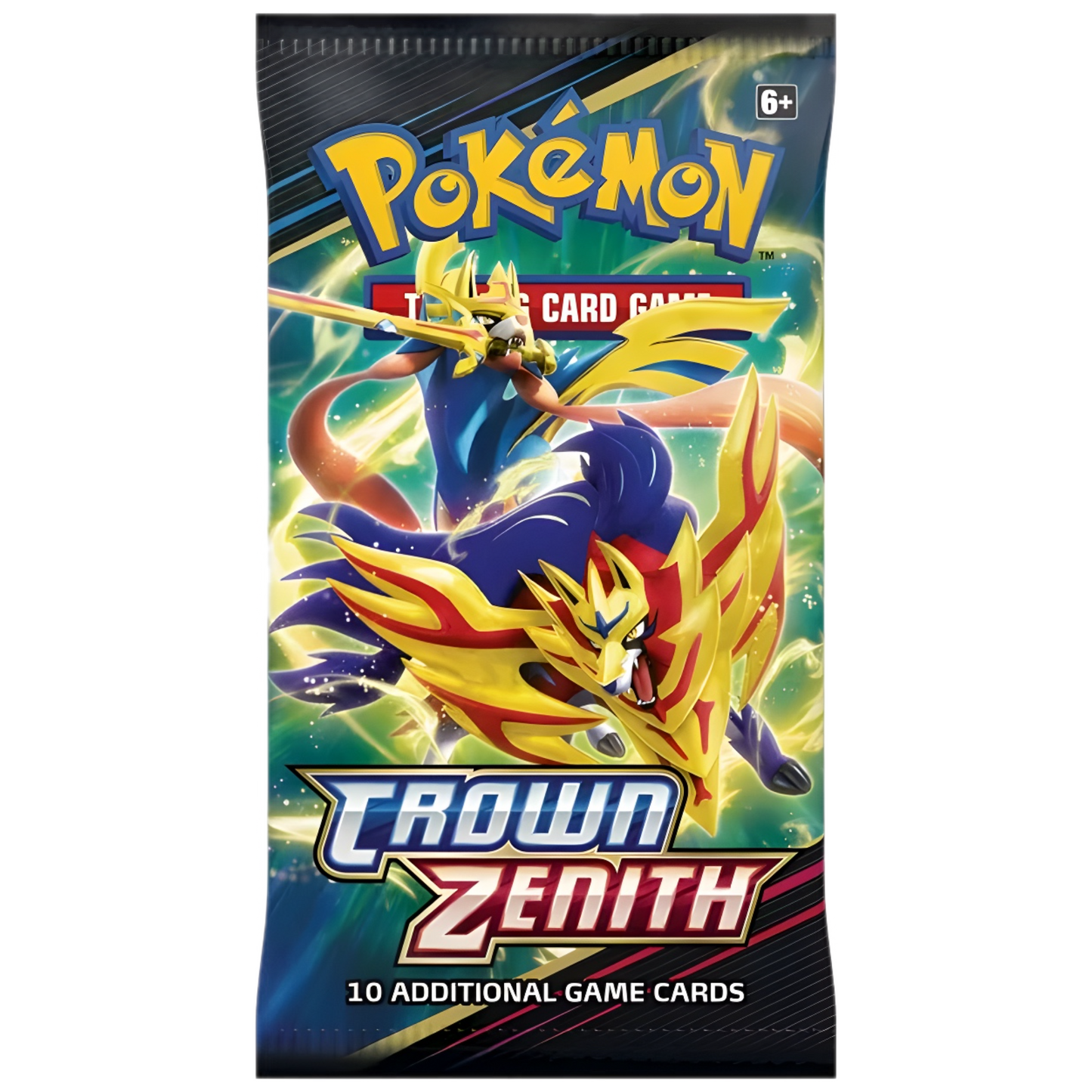Pokemon card pack with vibrant artwork of a lion-like creature, titled "Crown Zenith."