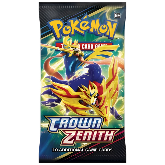Pokemon card pack with vibrant artwork of a lion-like creature, titled "Crown Zenith."