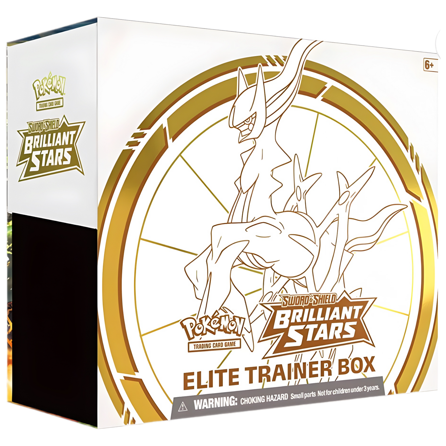 White and gold box featuring a mythical creature and "Brilliant Stars Elite Trainer Box" text.