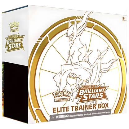 White and gold box featuring a mythical creature and "Brilliant Stars Elite Trainer Box" text.