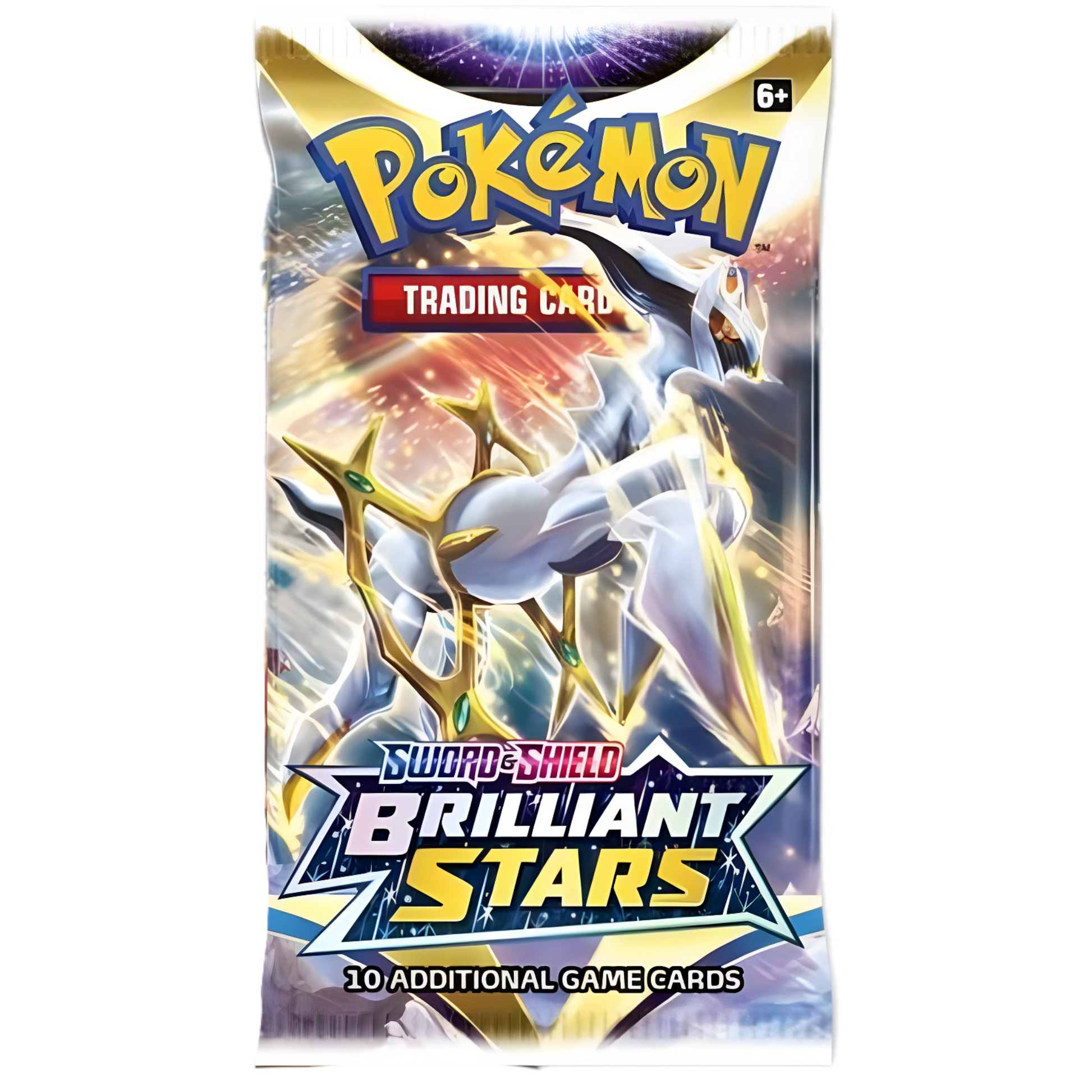 Pack of Pokémon trading cards featuring a white and gold creature with cosmic background.
