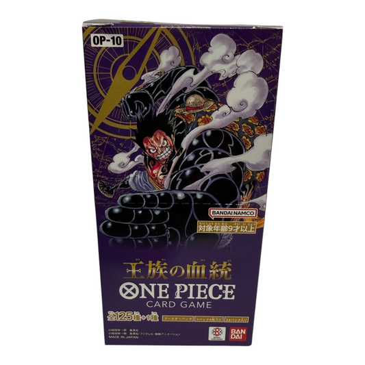 Actual sealed Japanese ONE PIECE Card Game OP-10 Royal Blood 24-pack booster box, front packaging with visible upper edge wear