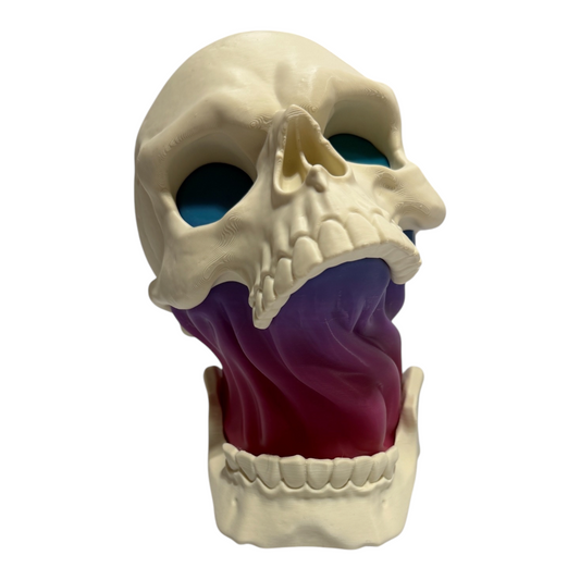 Skull USB LED lamp with an ivory-colored skull and jaw and a rainbow accent section on a white background