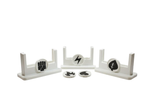 Wacky McLovin Prints white card slab holders with black fist, lightning bolt, and leaf icons. For graded cards.