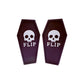 Wacky McLovin Prints coffin-shaped fingerboard display case with skull and FLIP graphic. Gothic style.
