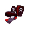 Wacky McLovin Prints black coffin-shaped fingerboard display case with red interior, skull graphic, and "FLIP" lettering.