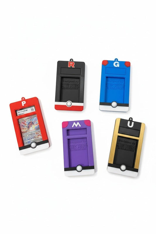 Wacky McLovin Prints wearable card holders in red, black, blue, purple, and gold for graded slabs and top loaders.