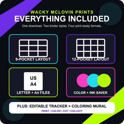 Binder guide bundle includes 9-pocket and 12-pocket layouts, US Letter and A4 files, color and ink saver editions
